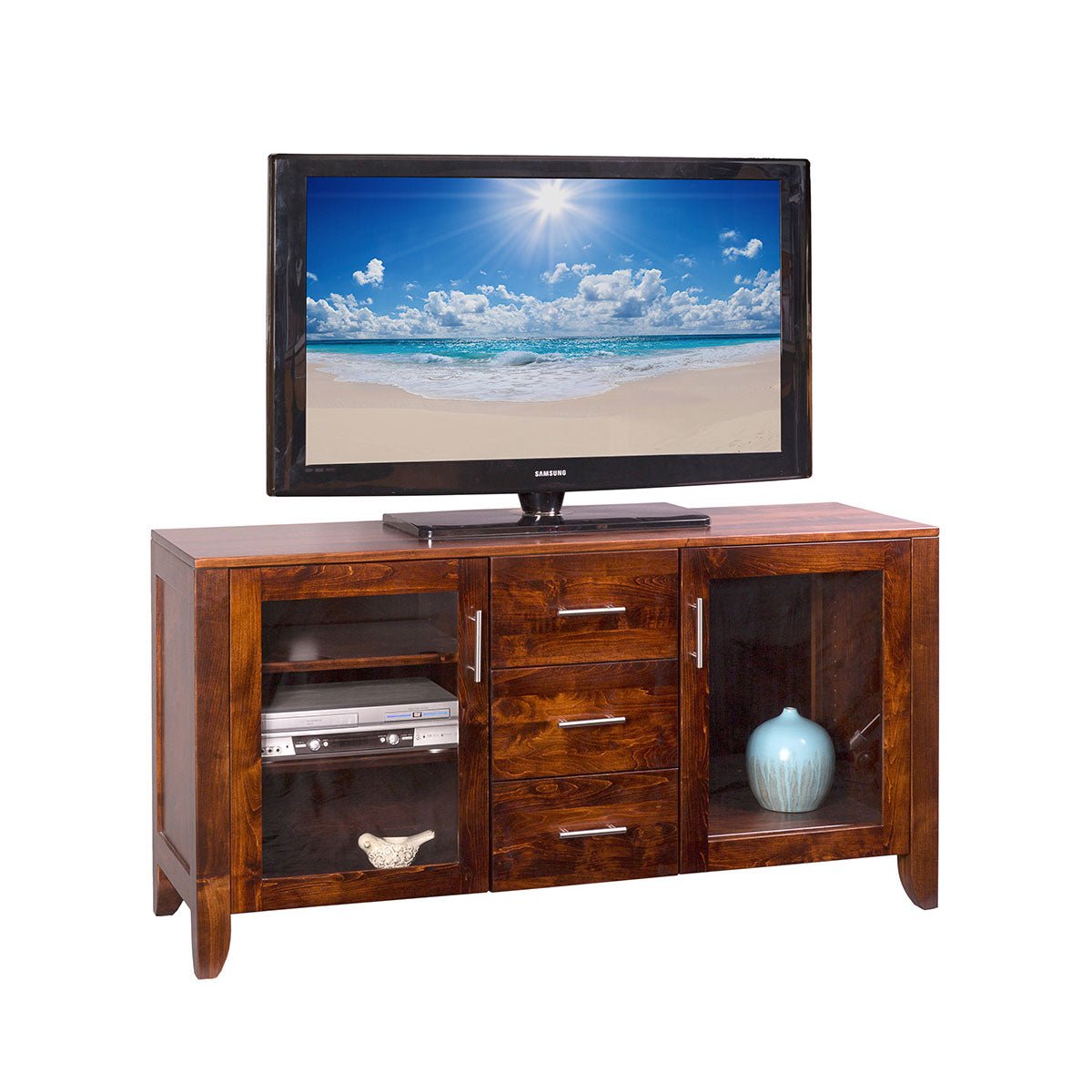 Modern cherry TV stand with three center drawers, two glass end doors, chrome bar pulls and splayed tapered legs