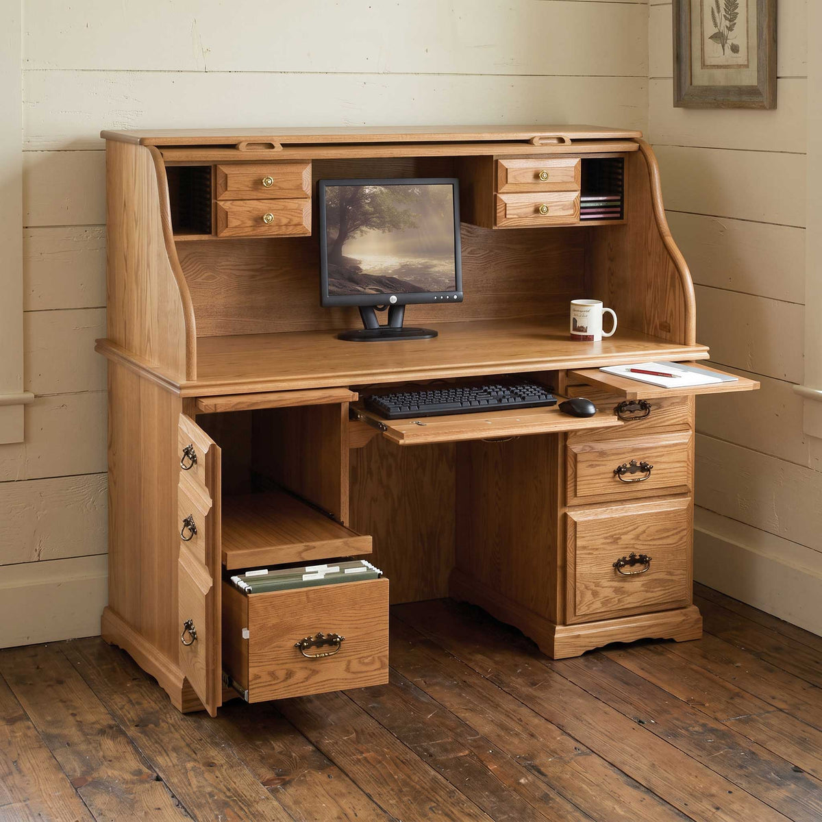 Amish Solid Wood Roll Top Computer Desk