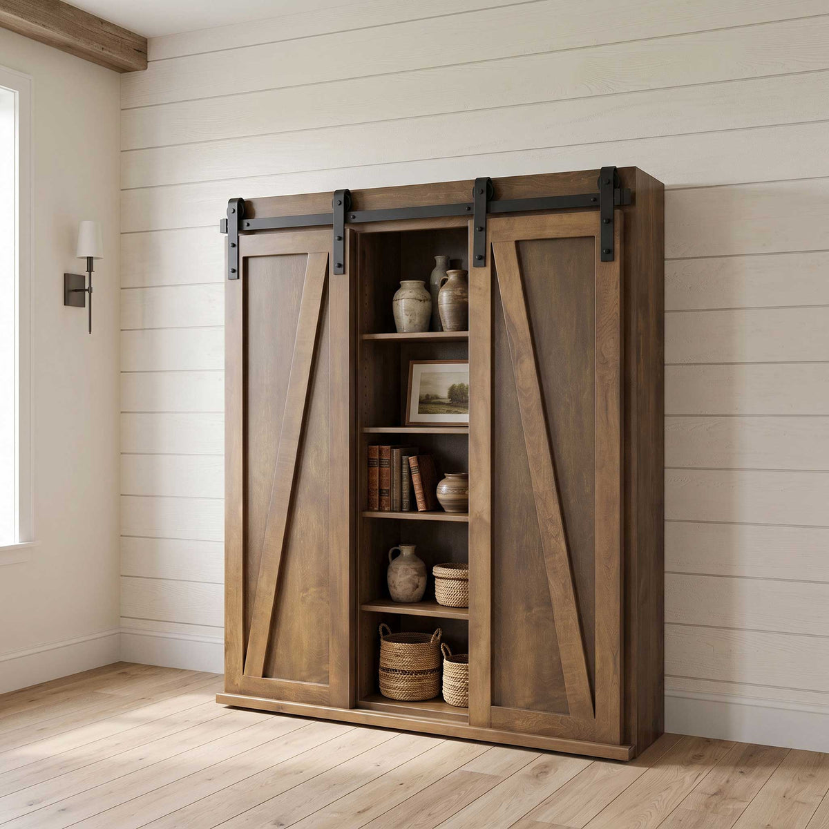Librería Amish Eden de madera maciza con puerta de granero