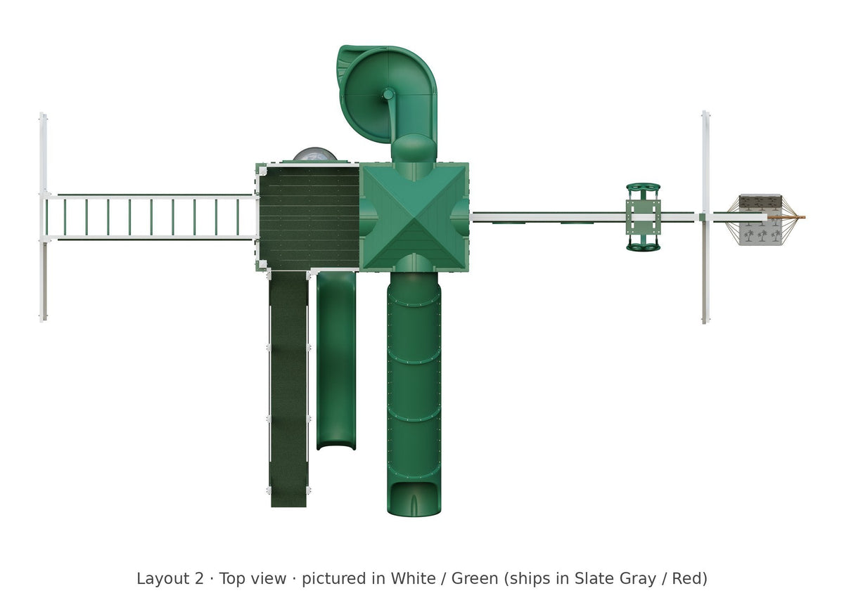 Amish 5x10 Denali Vinyl Playset & Swing Set Kit – Layout 2, top view (shown in White with Green accents)