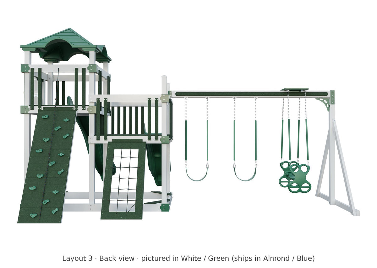 Amish 5x10 Denali Vinyl Playset & Swing Set Kit – Layout 3, back view (shown in White with Green accents)