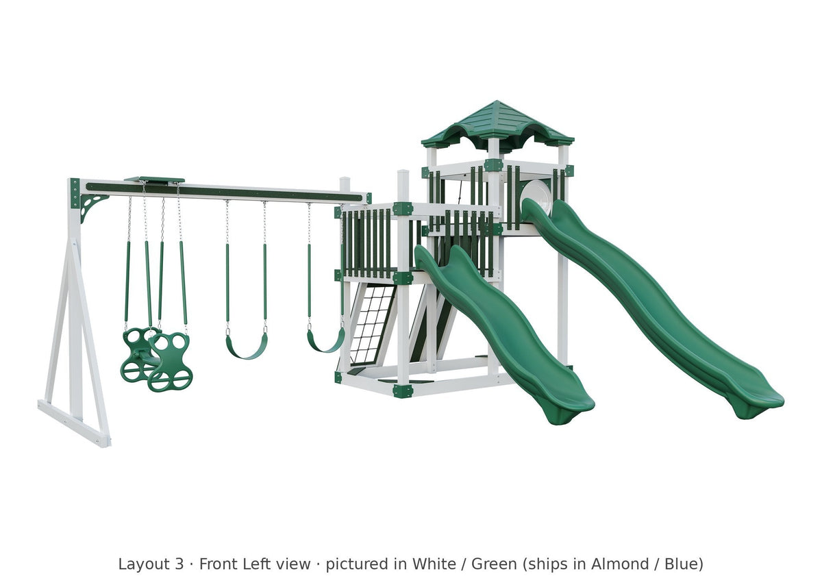Amish 5x10 Denali Vinyl Playset & Swing Set Kit – Layout 3, front left view (shown in White with Green accents)