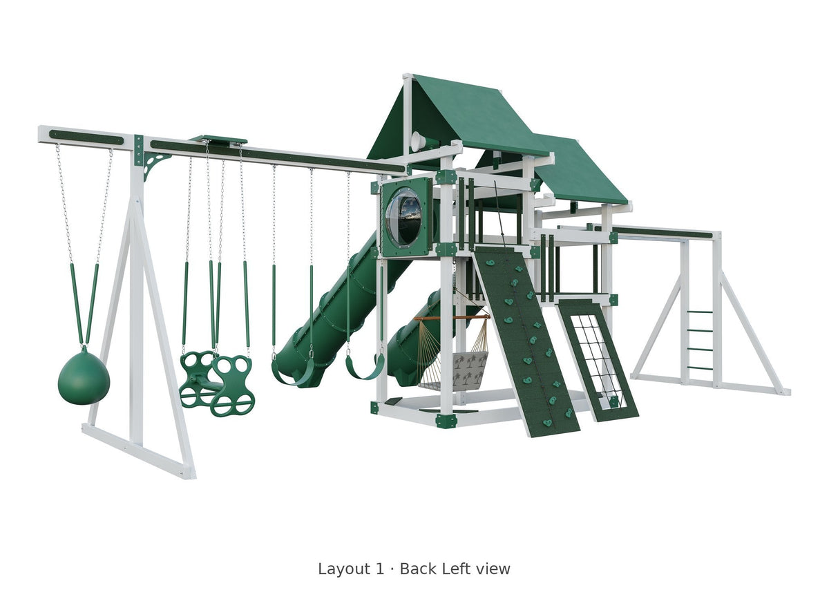 Amish 5x10 Denali Vinyl Playset & Swing Set Kit – Layout 1, back left view