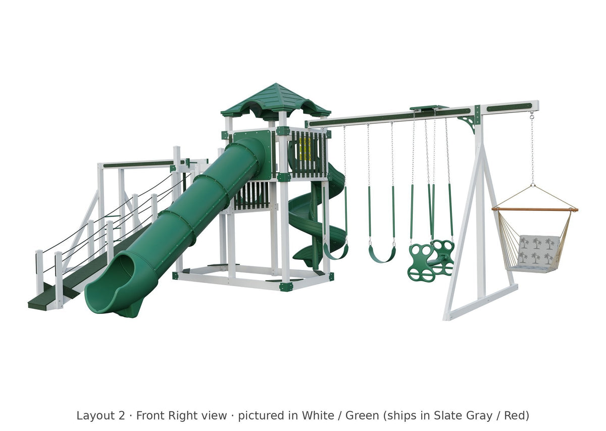 Amish 5x10 Denali Vinyl Playset & Swing Set Kit – Layout 2, front right view (shown in White with Green accents)