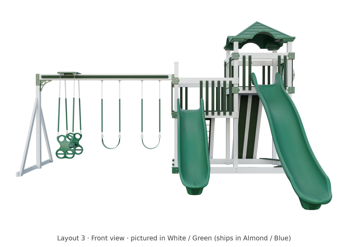 Amish 5x10 Denali Vinyl Playset & Swing Set Kit – Layout 3, front view (shown in White with Green accents)