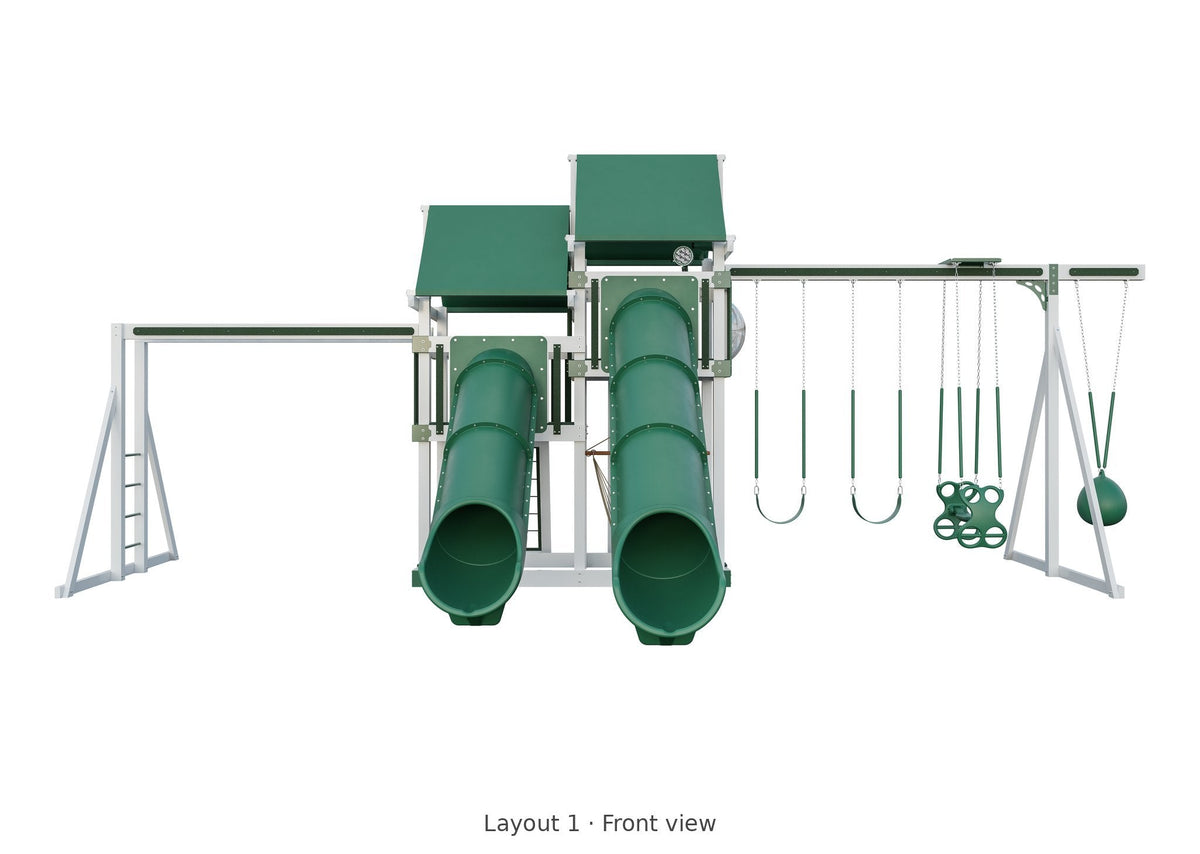 Amish 5x10 Denali Vinyl Playset & Swing Set Kit – Layout 1, front view