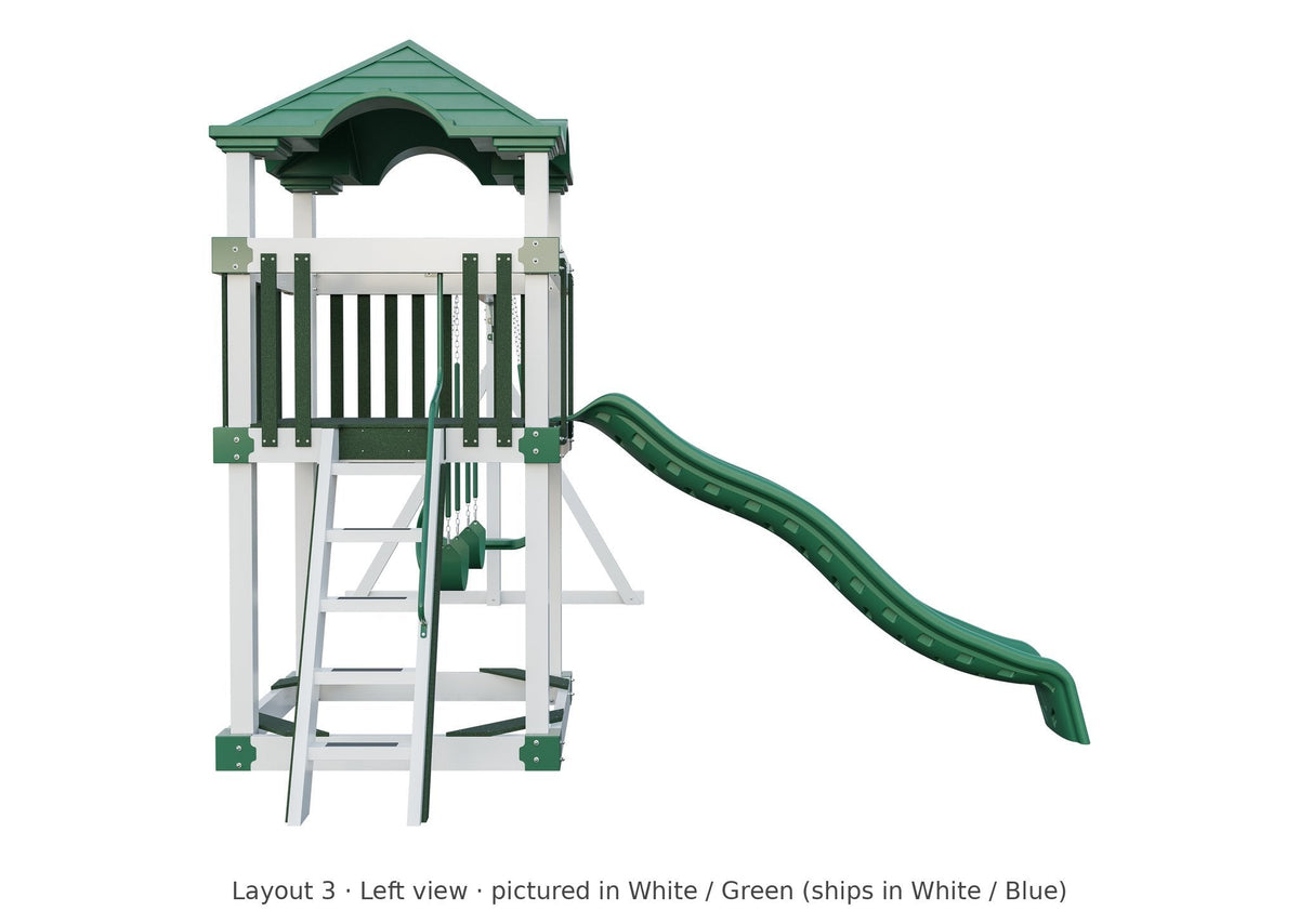 Amish 5x5 Boulder Vinyl Playset & Swing Set Kit – Layout 3, left view (shown in White with Green accents)