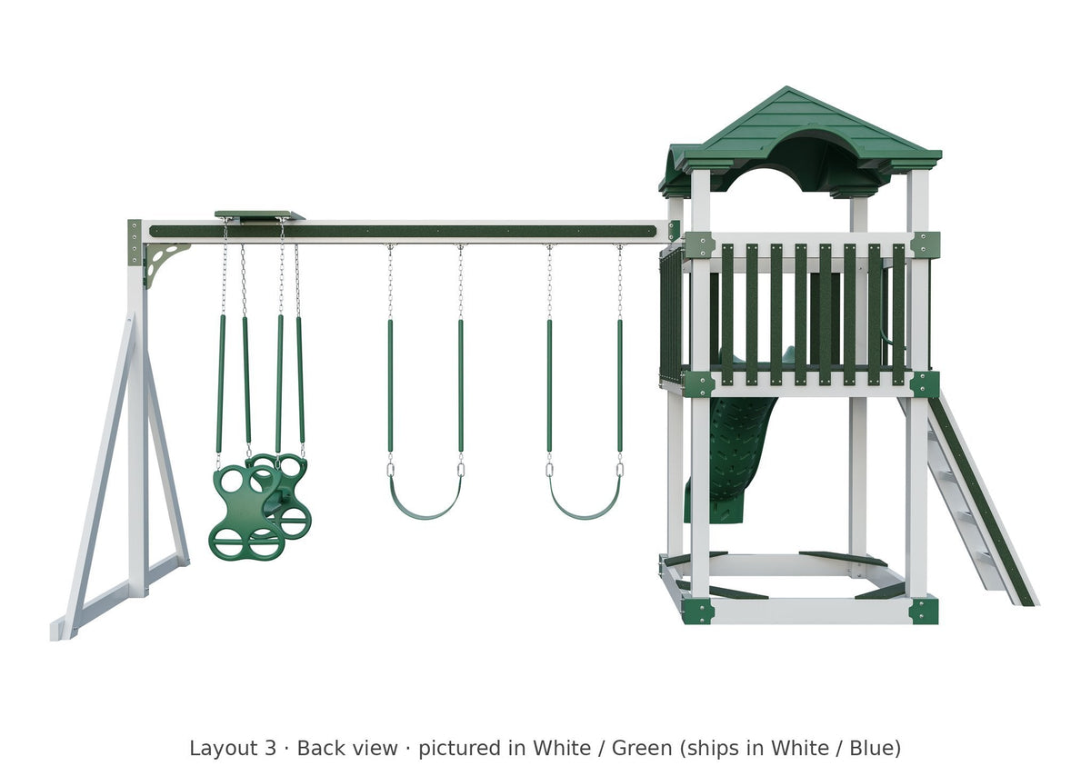 Amish 5x5 Boulder Vinyl Playset & Swing Set Kit – Layout 3, back view (shown in White with Green accents)