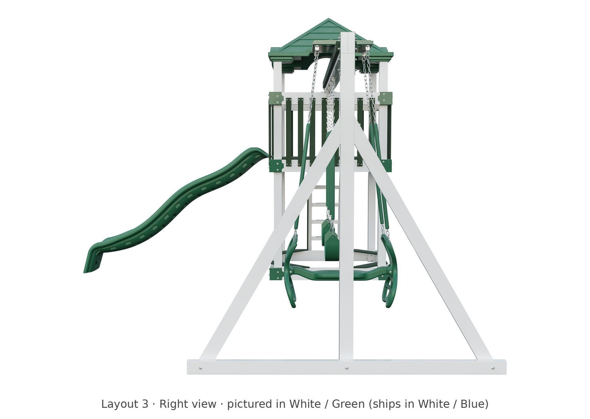 Amish 5x5 Boulder Vinyl Playset & Swing Set Kit – Layout 3, right view (shown in White with Green accents)