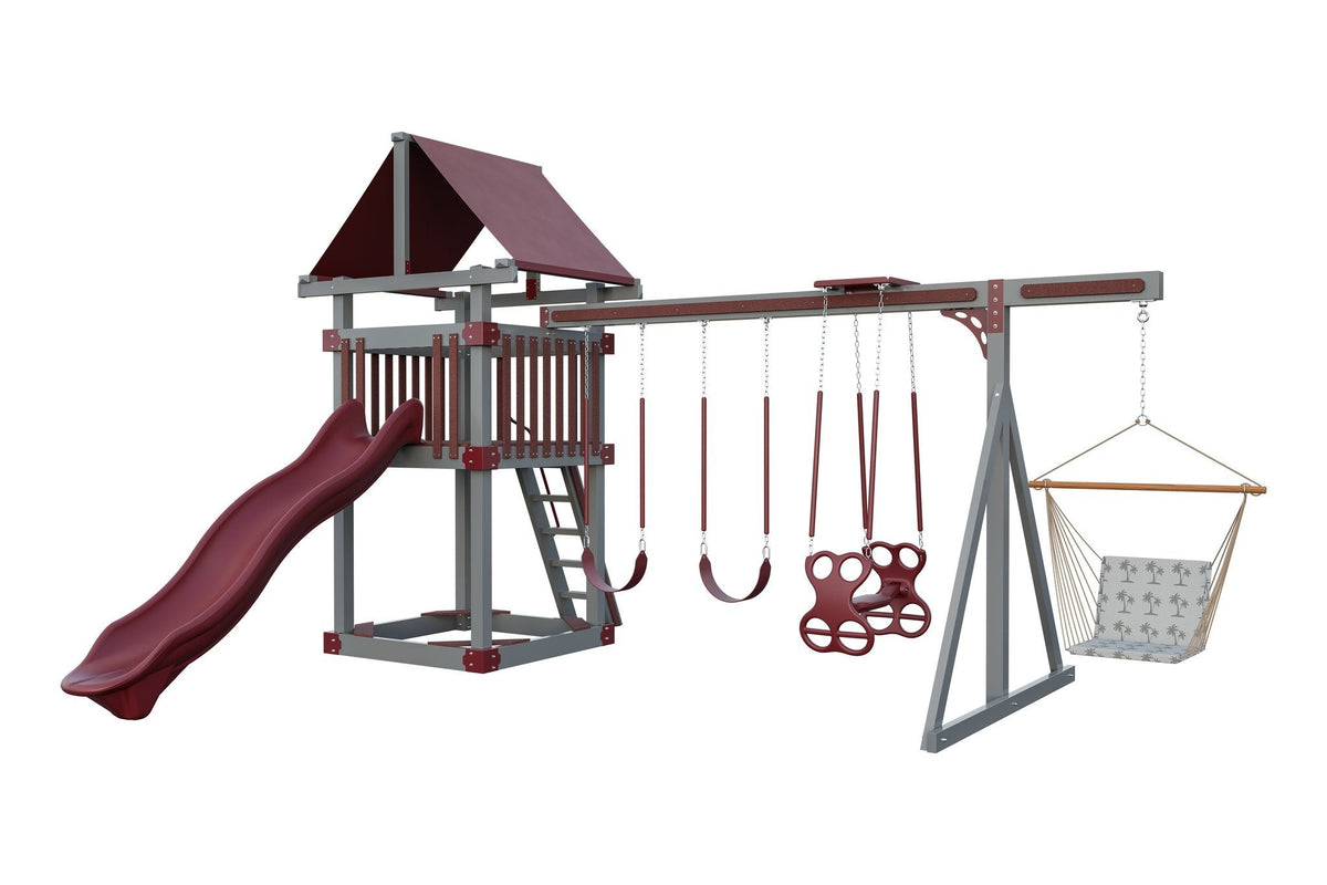 Amish 5x5 Boulder Vinyl Playset & Swing Set Kit – Layout 2, Slate Gray with Red accents