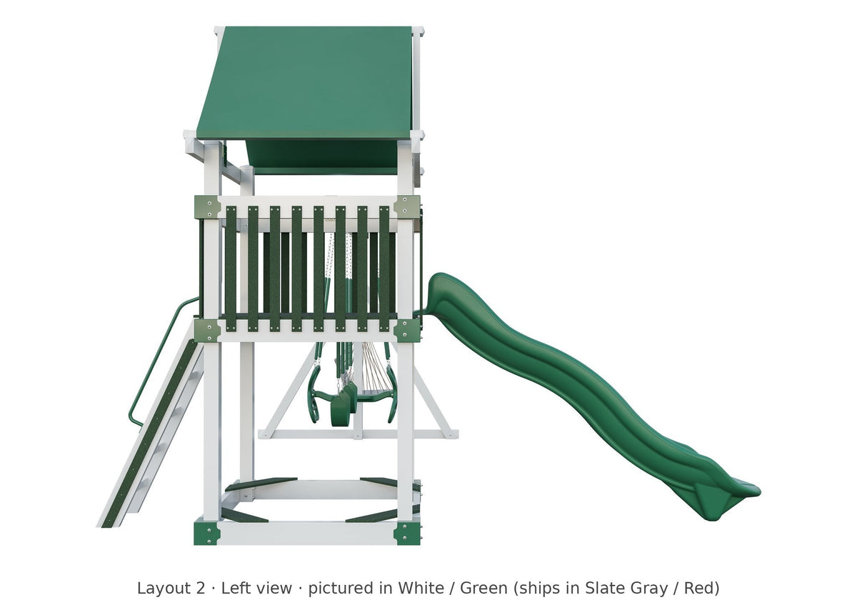 Amish 5x5 Boulder Vinyl Playset & Swing Set Kit – Layout 2, left view (shown in White with Green accents)