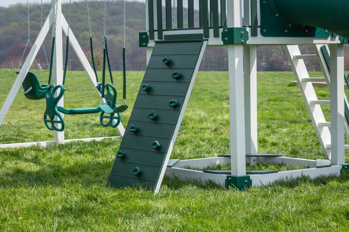 5x5 Boulder Vinyl Playset & Swing Set Kit – real-world photo (configuration and colors may differ from the layouts offered)