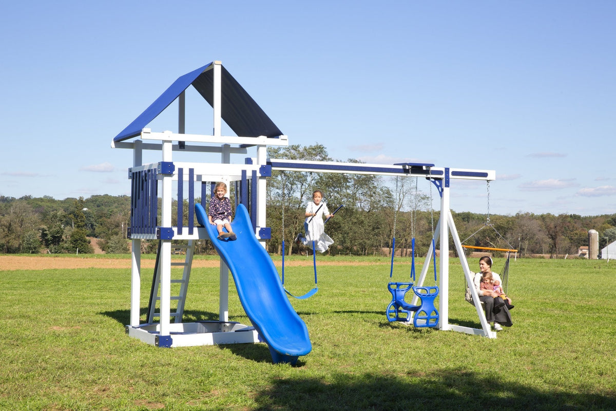 5x5 Boulder Vinyl Playset & Swing Set Kit – real-world photo (configuration and colors may differ from the layouts offered)