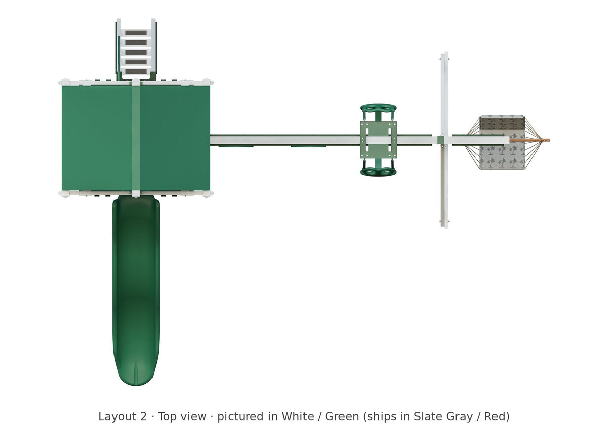 Amish 5x5 Boulder Vinyl Playset & Swing Set Kit – Layout 2, top view (shown in White with Green accents)