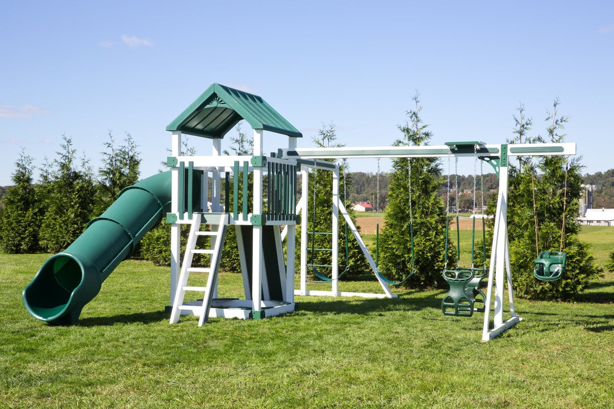 5x5 Boulder Vinyl Playset & Swing Set Kit – real-world photo (configuration and colors may differ from the layouts offered)