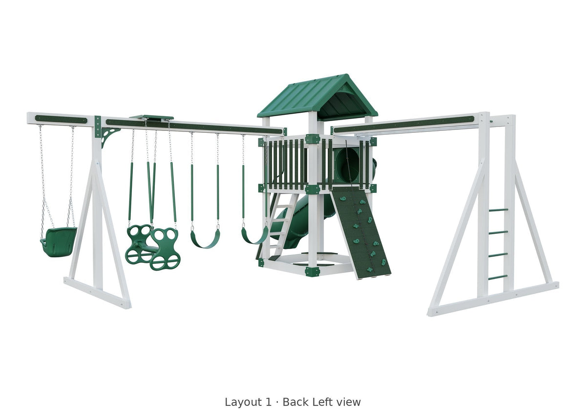 Amish 5x5 Boulder Vinyl Playset & Swing Set Kit – Layout 1, back left view