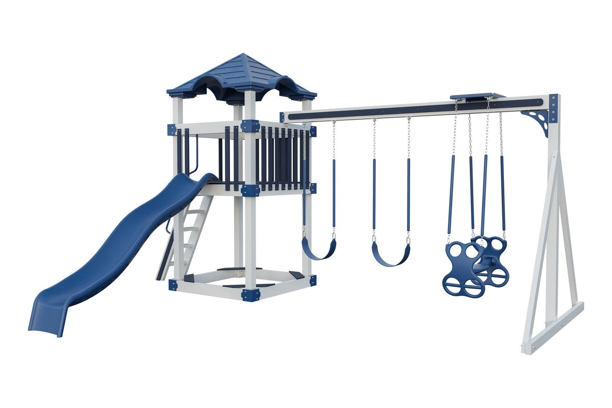 Amish 5x5 Boulder Vinyl Playset & Swing Set Kit – Layout 3, White with Blue accents