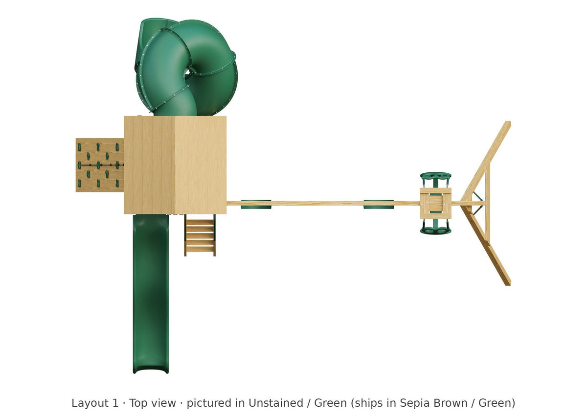 Amish 5x5 Challenger Wooden Swing Set & Playset Kit – Layout 1, top view (shown in Unstained with Green accents)
