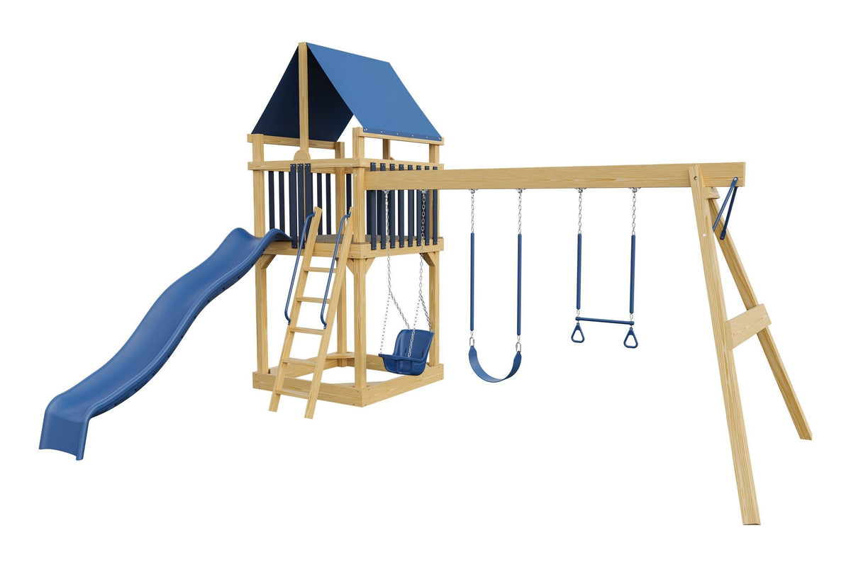 Amish 5x5 Challenger Wooden Swing Set & Playset Kit – Layout 2, Unstained with Blue accents