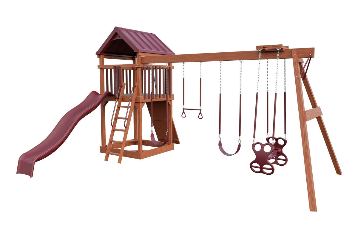 Amish 5x5 Challenger Wooden Swing Set & Playset Kit – Layout 3, Cedar with Red accents