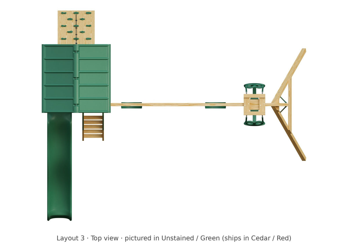 Amish 5x5 Challenger Wooden Swing Set & Playset Kit – Layout 3, top view (shown in Unstained with Green accents)