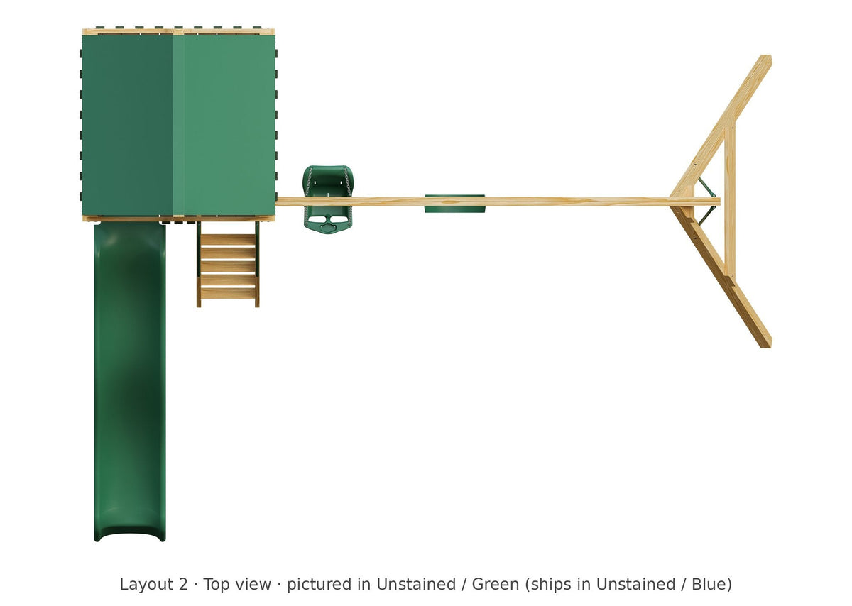 Amish 5x5 Challenger Wooden Swing Set & Playset Kit – Layout 2, top view (shown in Unstained with Green accents)