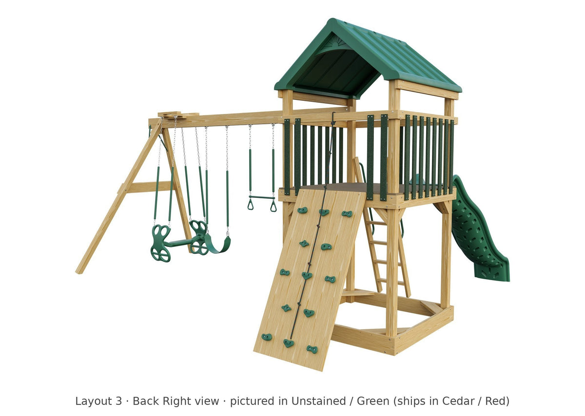 Amish 5x5 Challenger Wooden Swing Set & Playset Kit – Layout 3, back right view (shown in Unstained with Green accents)