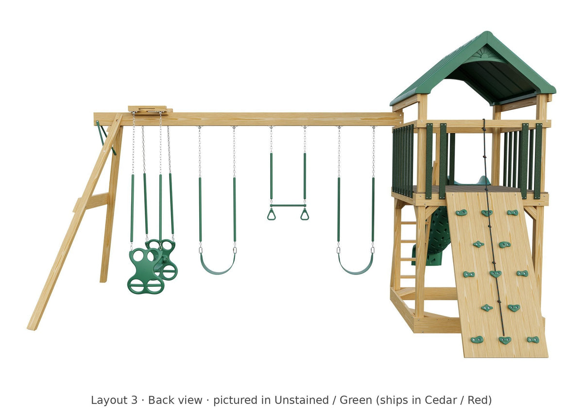 Amish 5x5 Challenger Wooden Swing Set & Playset Kit – Layout 3, back view (shown in Unstained with Green accents)