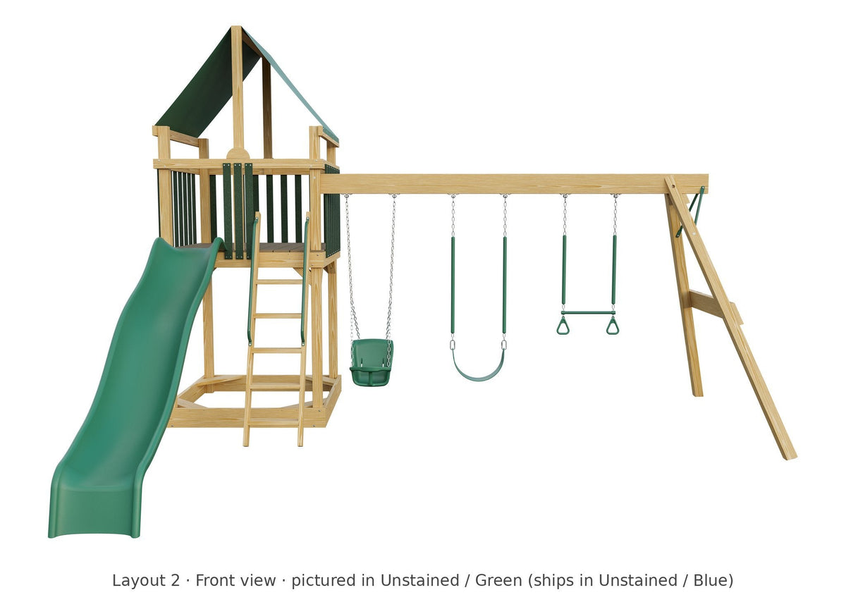 Amish 5x5 Challenger Wooden Swing Set & Playset Kit – Layout 2, front view (shown in Unstained with Green accents)