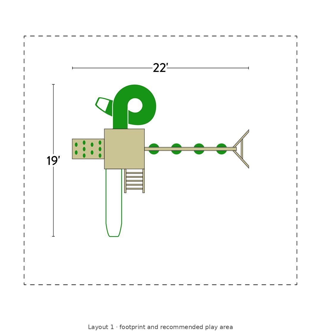 Amish 5x5 Challenger Wooden Swing Set & Playset Kit – Layout 1 footprint and recommended play area diagram