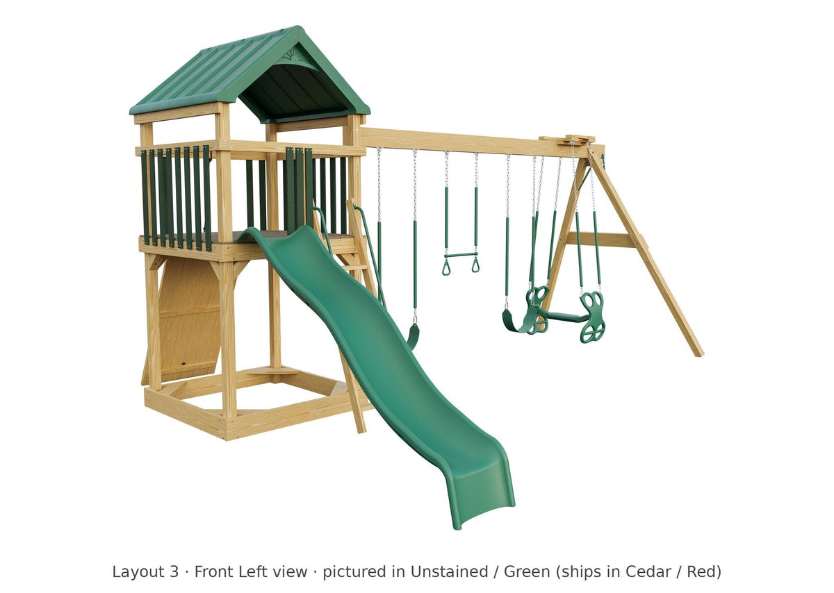 Amish 5x5 Challenger Wooden Swing Set & Playset Kit – Layout 3, front left view (shown in Unstained with Green accents)