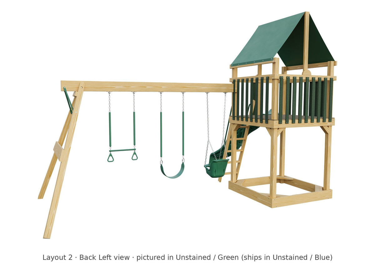 Amish 5x5 Challenger Wooden Swing Set & Playset Kit – Layout 2, back left view (shown in Unstained with Green accents)