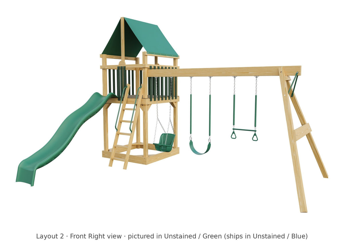 Amish 5x5 Challenger Wooden Swing Set & Playset Kit – Layout 2, front right view (shown in Unstained with Green accents)