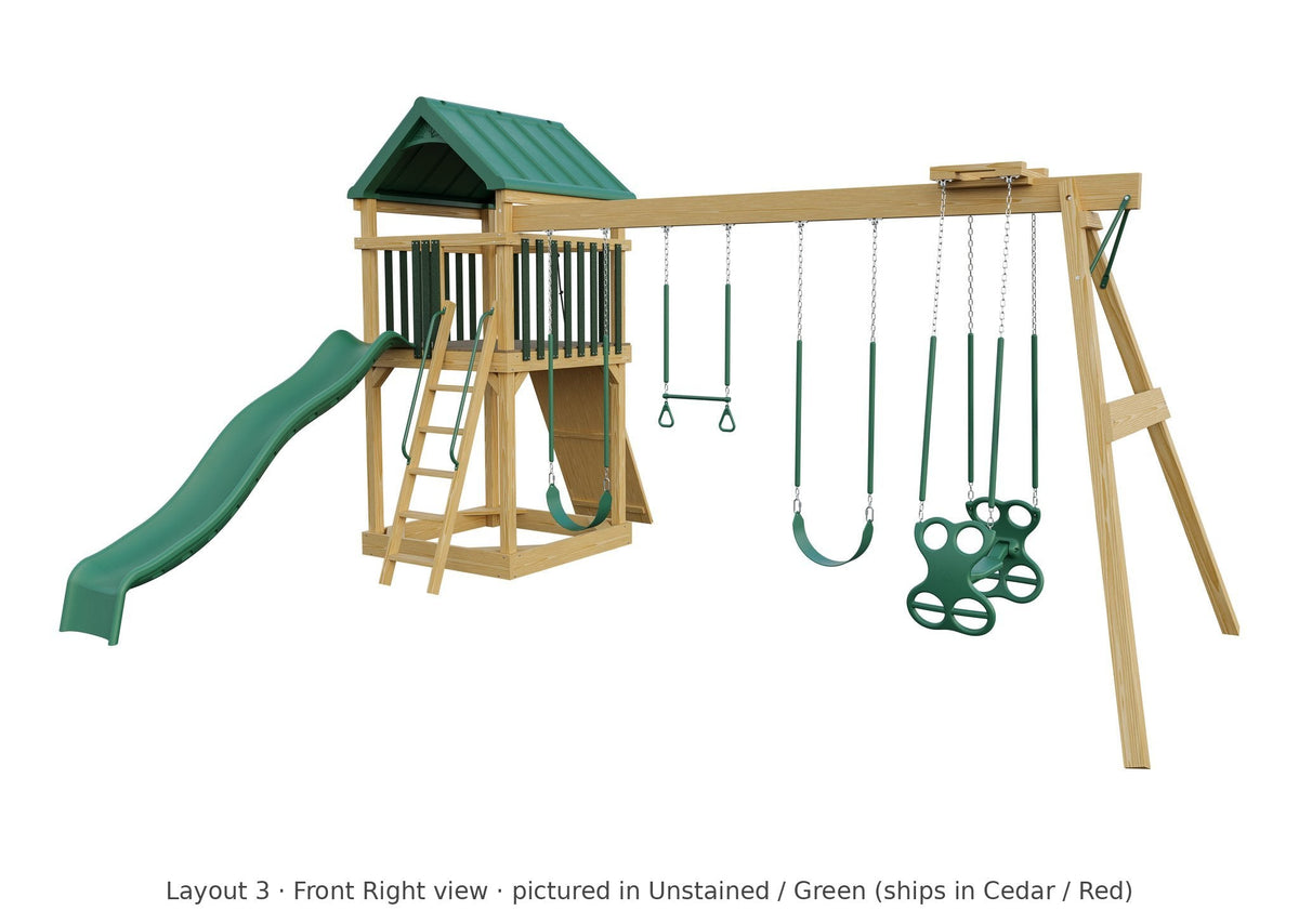 Amish 5x5 Challenger Wooden Swing Set & Playset Kit – Layout 3, front right view (shown in Unstained with Green accents)