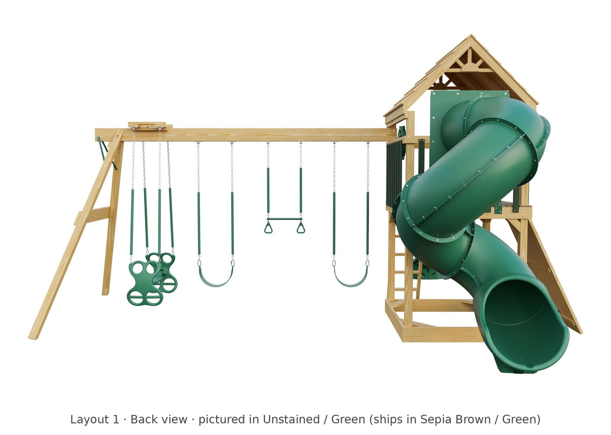 Amish 5x5 Challenger Wooden Swing Set & Playset Kit – Layout 1, back view (shown in Unstained with Green accents)