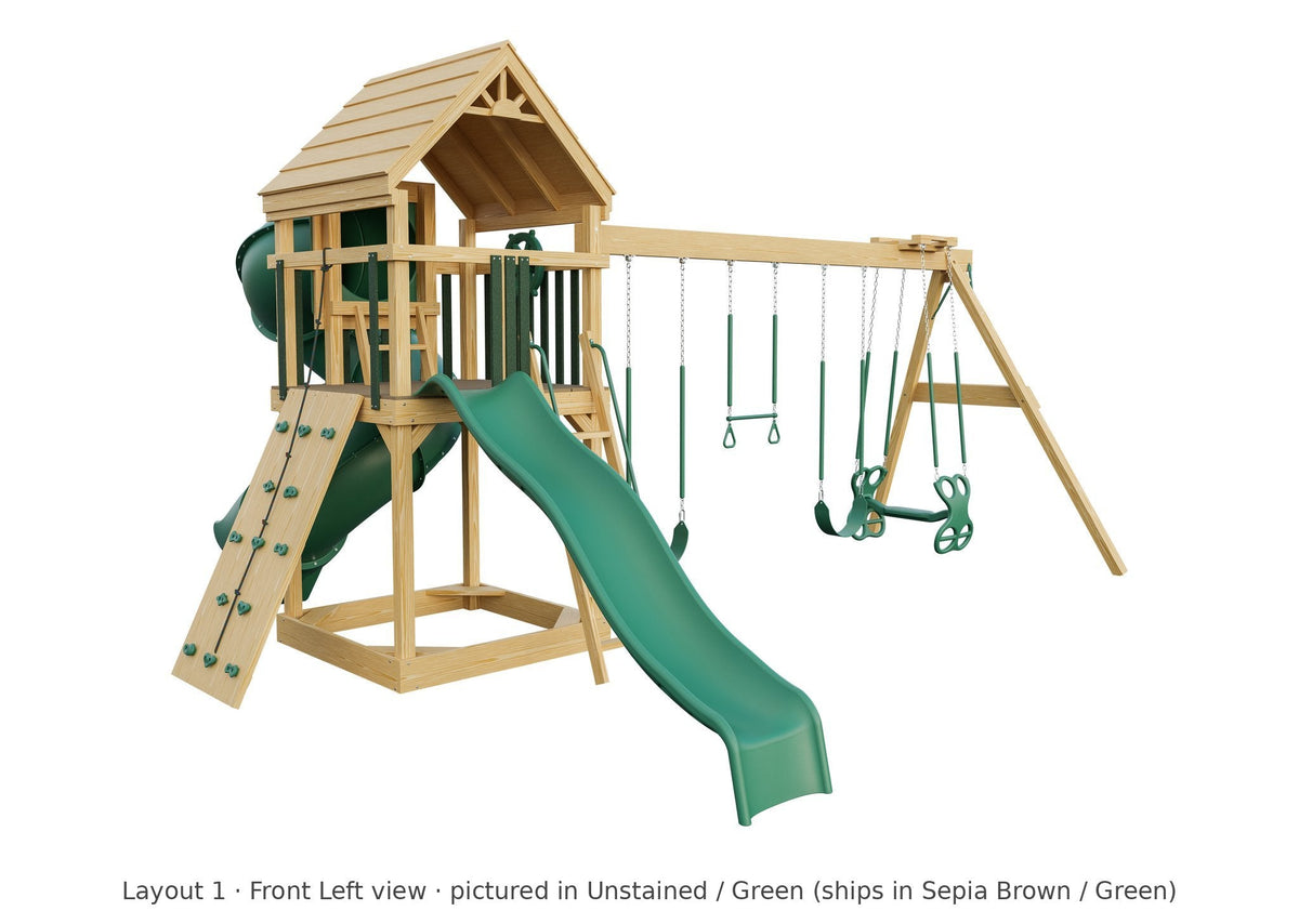 Amish 5x5 Challenger Wooden Swing Set & Playset Kit – Layout 1, front left view (shown in Unstained with Green accents)