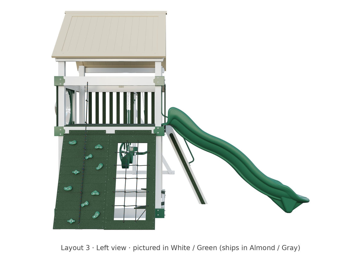 Amish 6x6 Boulder Vinyl Playset & Swing Set Kit – Layout 3, left view (shown in White with Green accents)