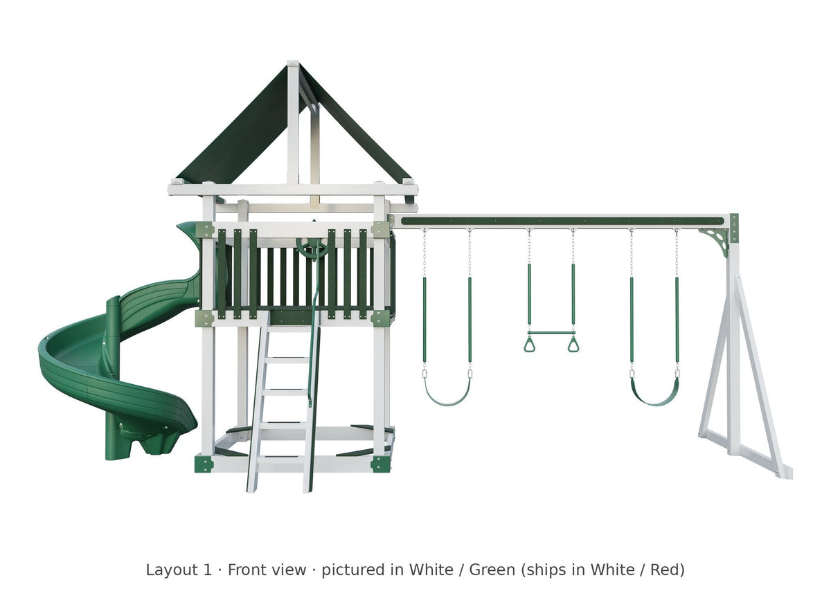 Amish 6x6 Boulder Vinyl Playset & Swing Set Kit – Layout 1, front view (shown in White with Green accents)