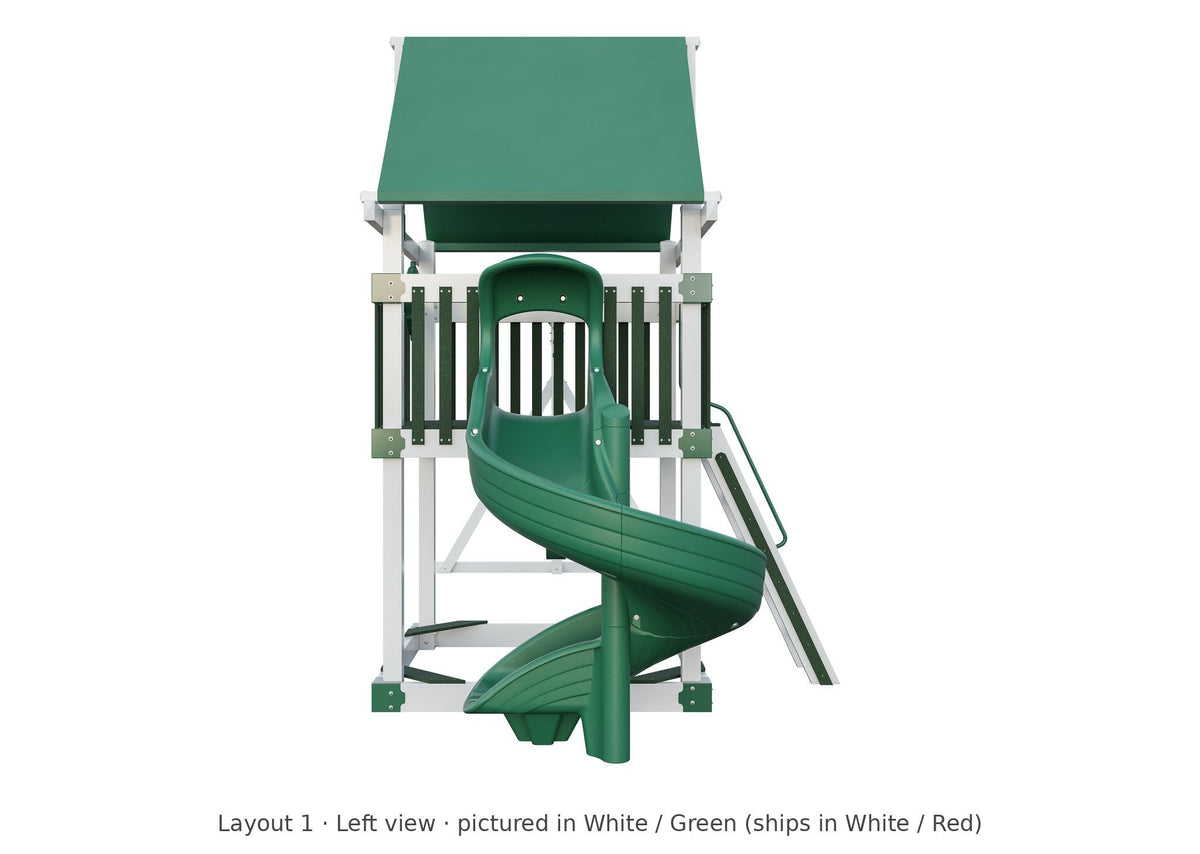 Amish 6x6 Boulder Vinyl Playset & Swing Set Kit – Layout 1, left view (shown in White with Green accents)