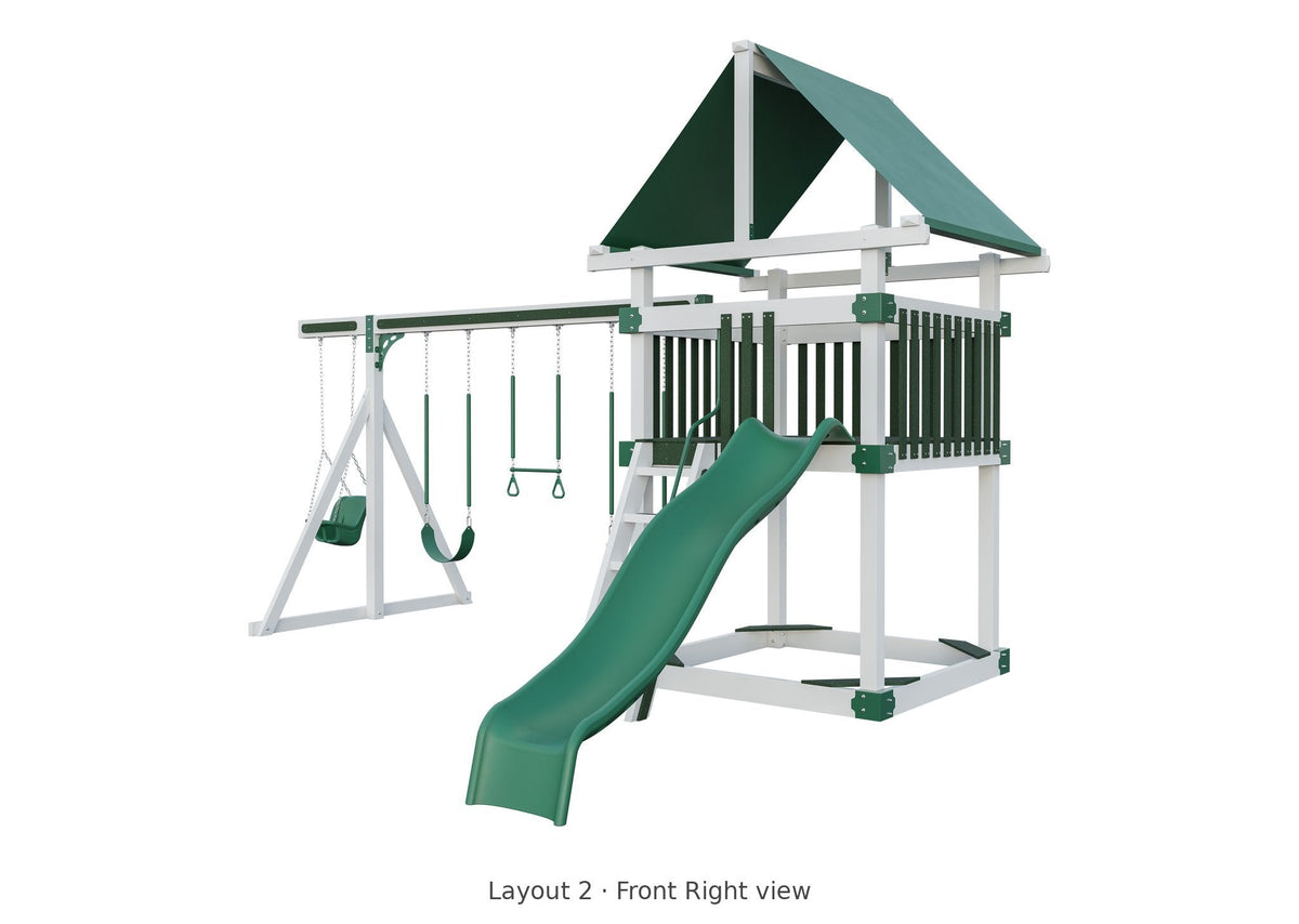 Amish 6x6 Boulder Vinyl Playset & Swing Set Kit – Layout 2, front right view