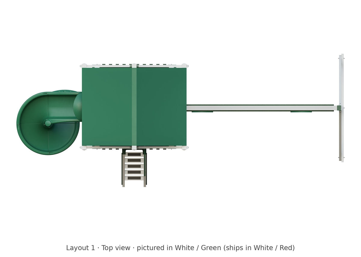 Amish 6x6 Boulder Vinyl Playset & Swing Set Kit – Layout 1, top view (shown in White with Green accents)