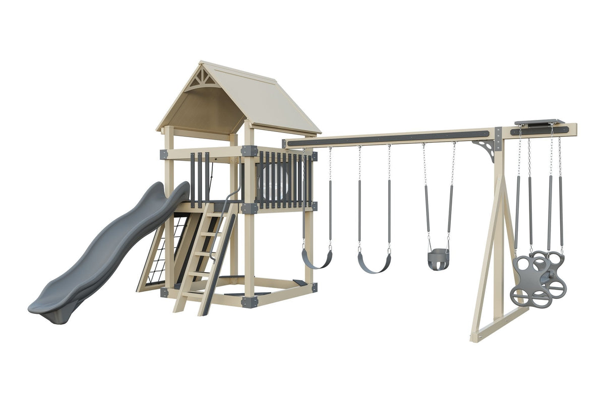 Amish 6x6 Boulder Vinyl Playset & Swing Set Kit – Layout 3, Almond with Gray accents