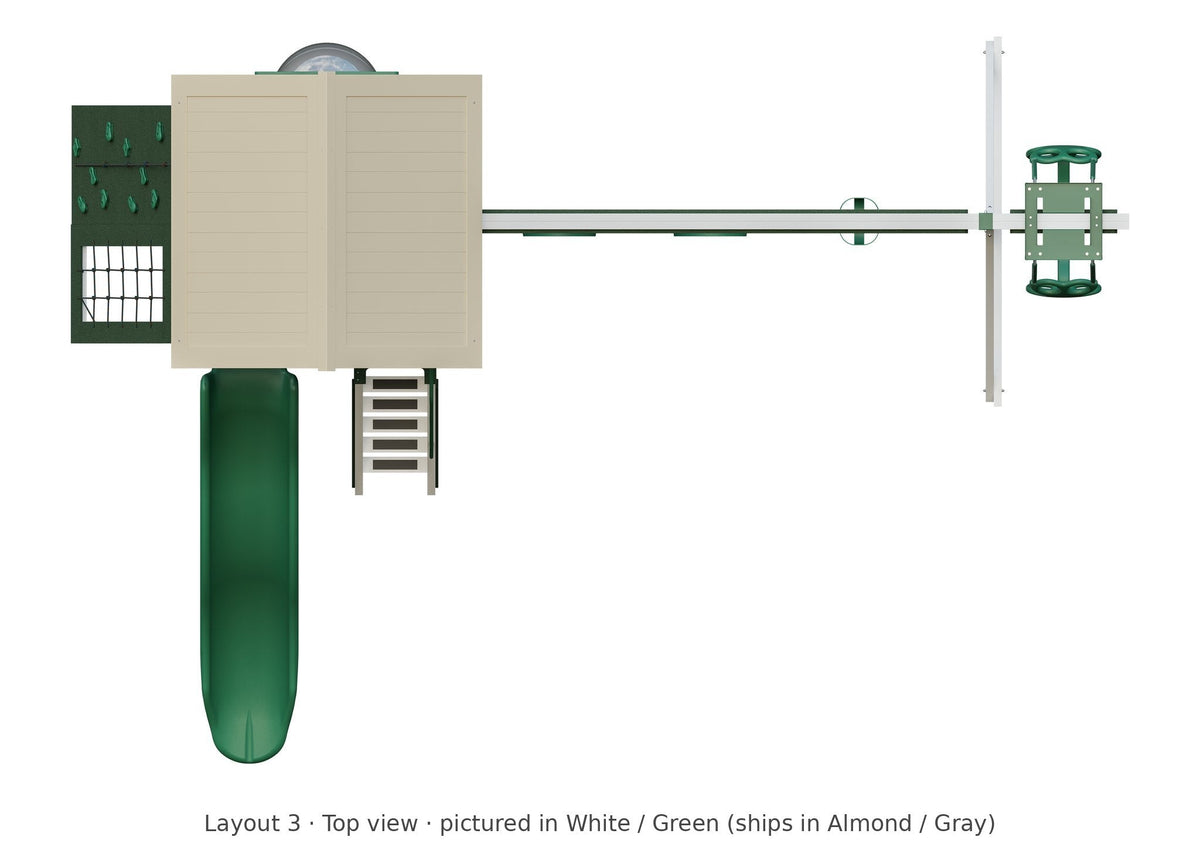 Amish 6x6 Boulder Vinyl Playset & Swing Set Kit – Layout 3, top view (shown in White with Green accents)