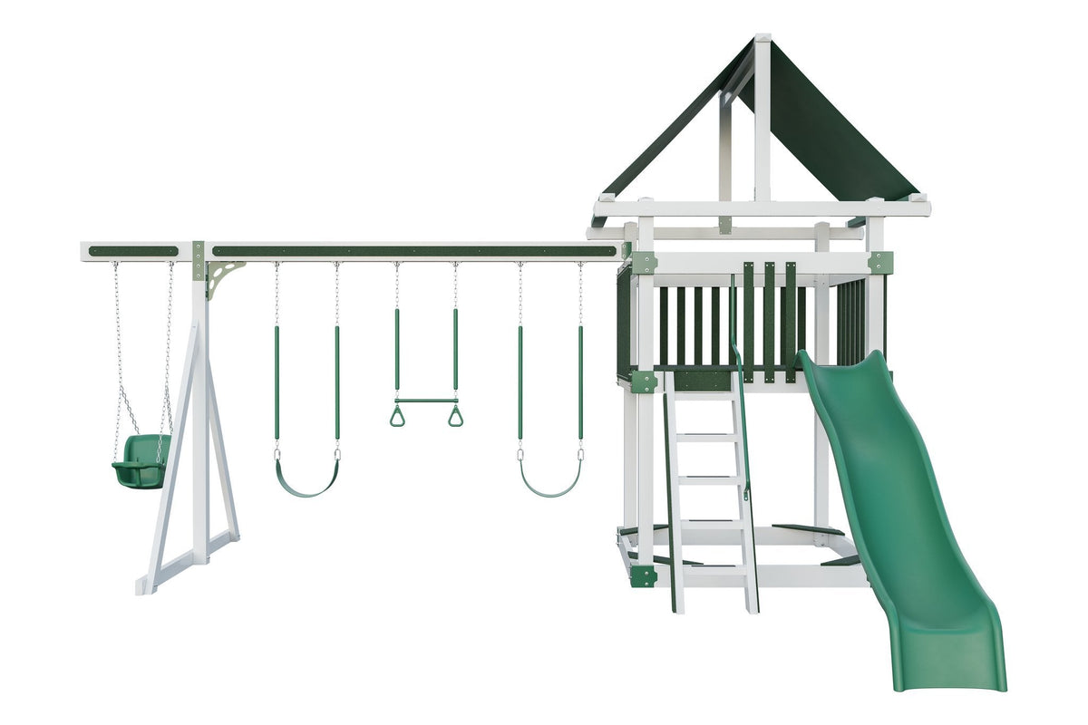 Amish 6x6 Boulder Vinyl Playset & Swing Set Kit – Layout 2, White with Green accents