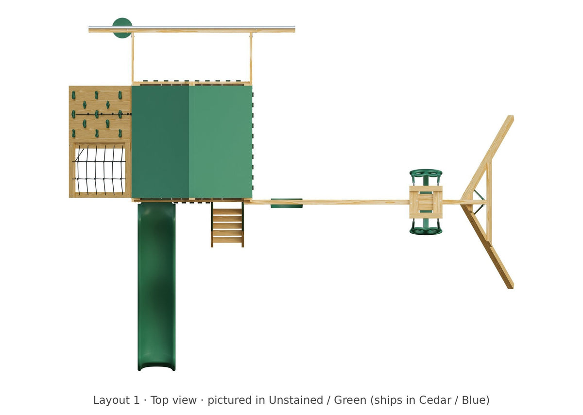 Amish 6x6 Challenger Wooden Swing Set & Playset Kit – Layout 1, top view (shown in Unstained with Green accents)