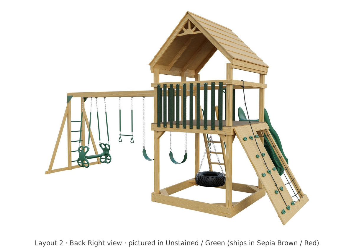 Amish 6x6 Challenger Wooden Swing Set & Playset Kit – Layout 2, back right view (shown in Unstained with Green accents)