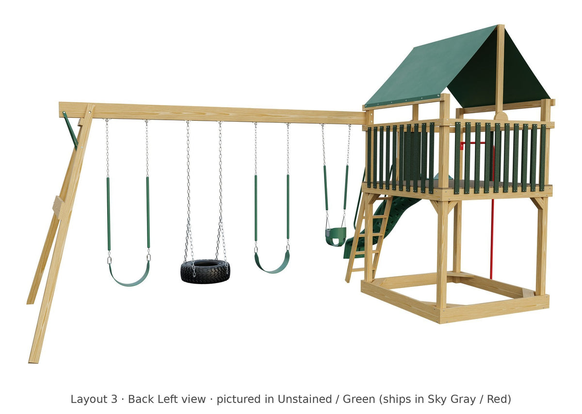 Amish 6x6 Challenger Wooden Swing Set & Playset Kit – Layout 3, back left view (shown in Unstained with Green accents)