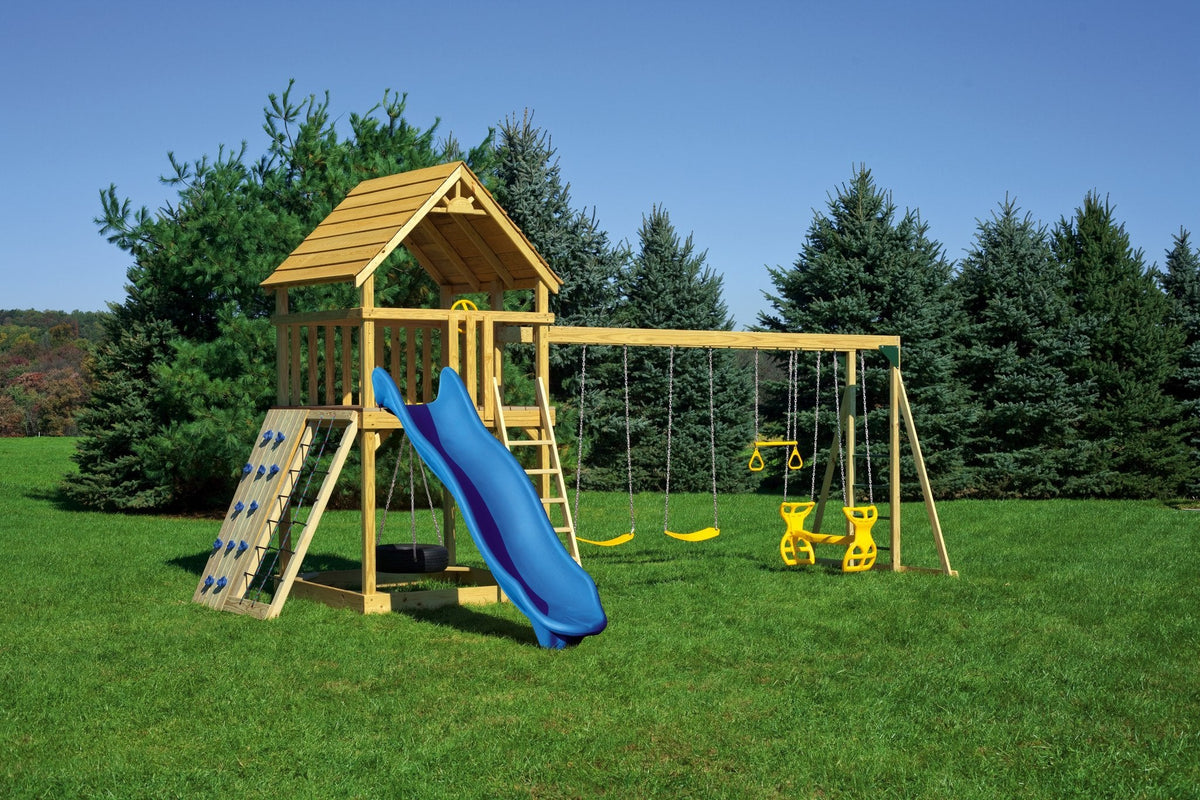 6x6 Challenger Wooden Swing Set & Playset Kit – real-world photo (configuration and colors may differ from the layouts offered)
