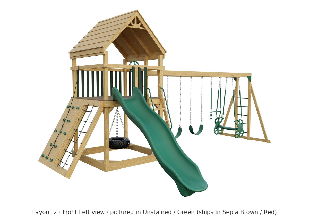 Amish 6x6 Challenger Wooden Swing Set & Playset Kit – Layout 2, front left view (shown in Unstained with Green accents)