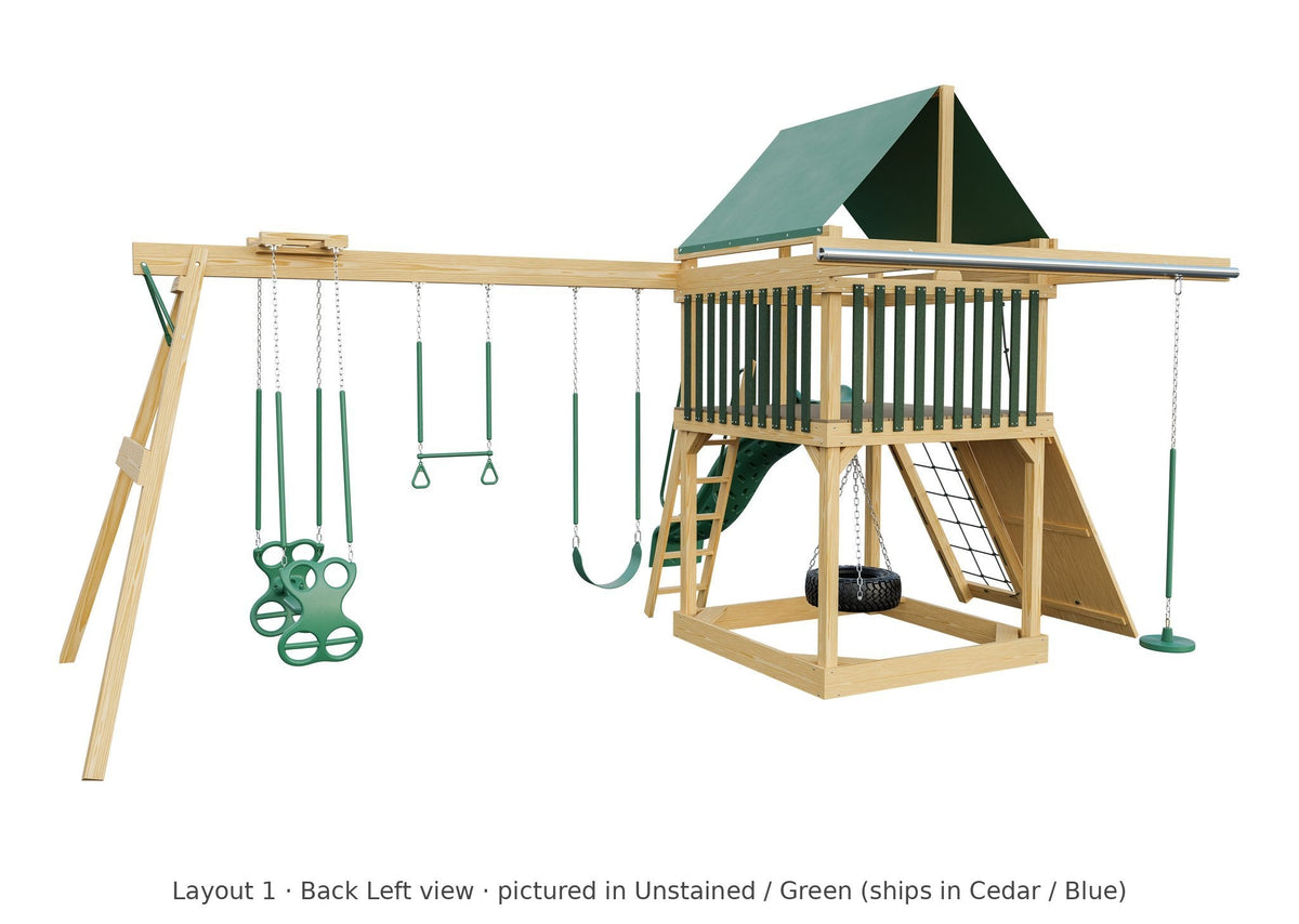 Amish 6x6 Challenger Wooden Swing Set & Playset Kit – Layout 1, back left view (shown in Unstained with Green accents)